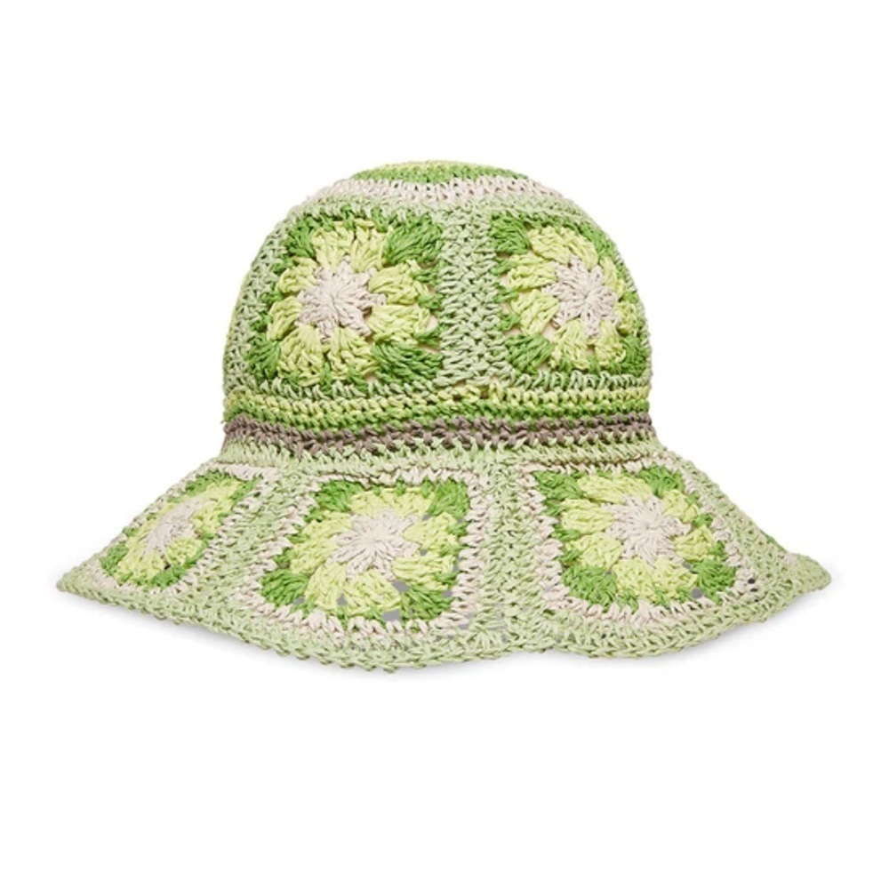 Steve Madden Green Crochet Floral Straw Bucket Hat 90s Y2K Cottagecore Colorful